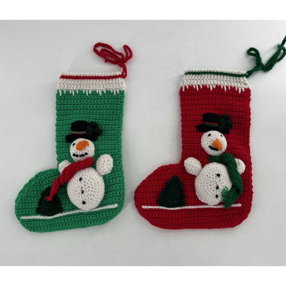 2 Vintage Christmas Stockings Matching Handmade Crochet Snowman Red &‎ Green 17"